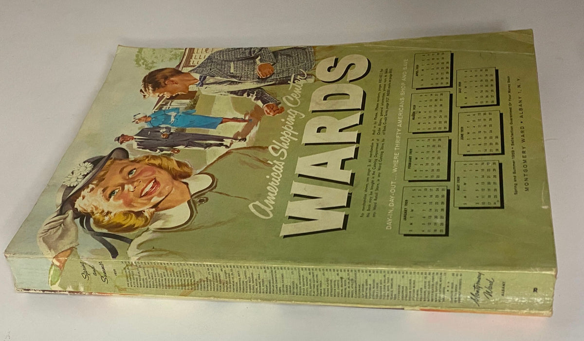 Side view of the 1959 Montgomery Ward Spring and Summer Catalog cover featuring a vibrant illustration of a girl in a hat and adults in elegant attire, capturing the essence of mid-century fashion.