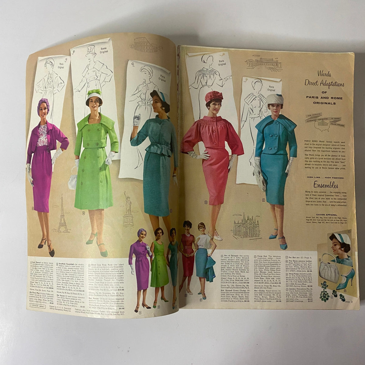 Interior page of the 1959 Montgomery Ward Spring and Summer Catalog displaying direct adaptations of Paris and Rome originals, featuring stylish dresses in various colors and designs from the vintage collection.