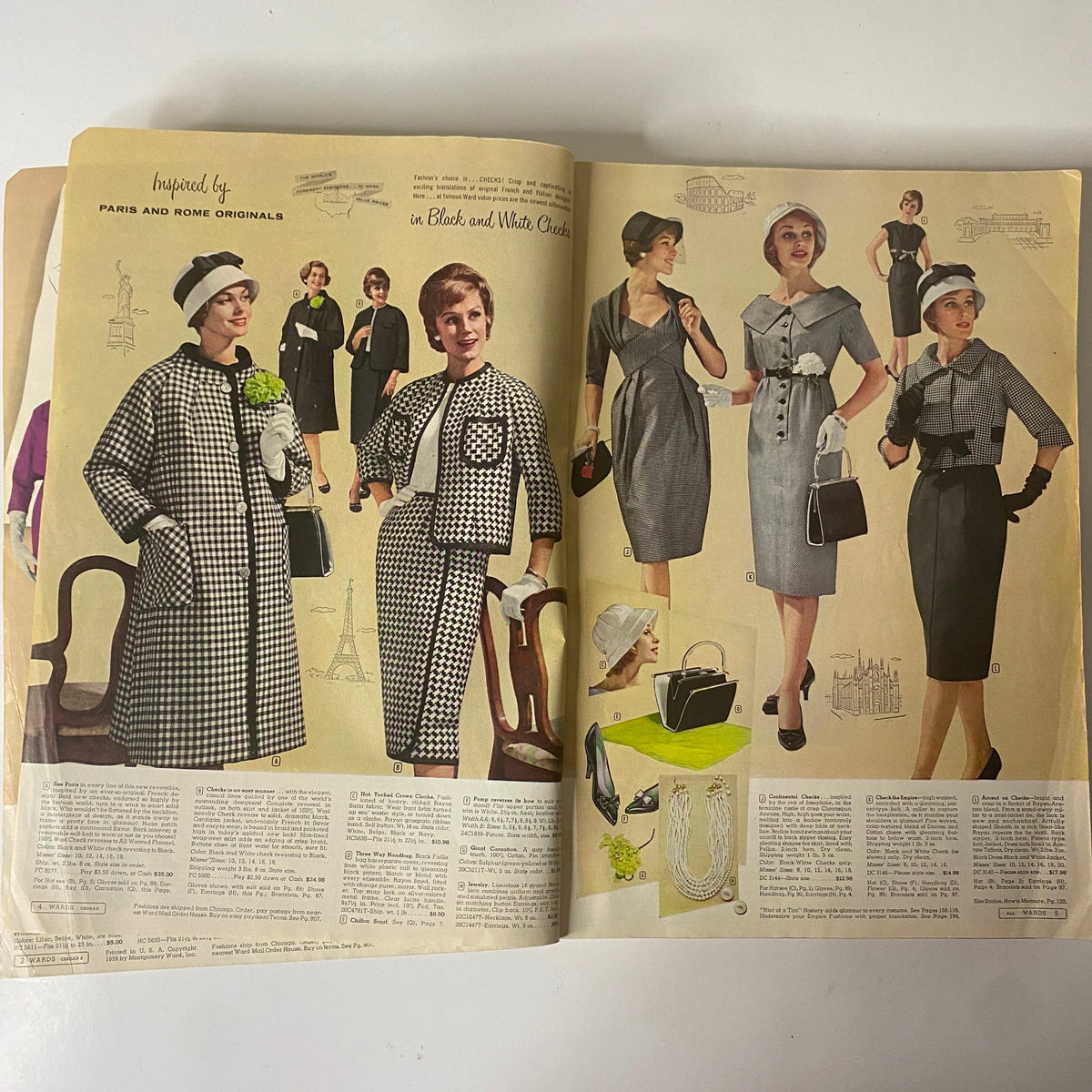 Interior page of the 1959 Montgomery Ward Spring and Summer Catalog featuring models in black and white check outfits inspired by Paris and Rome originals, illustrating classic mid-century fashion.