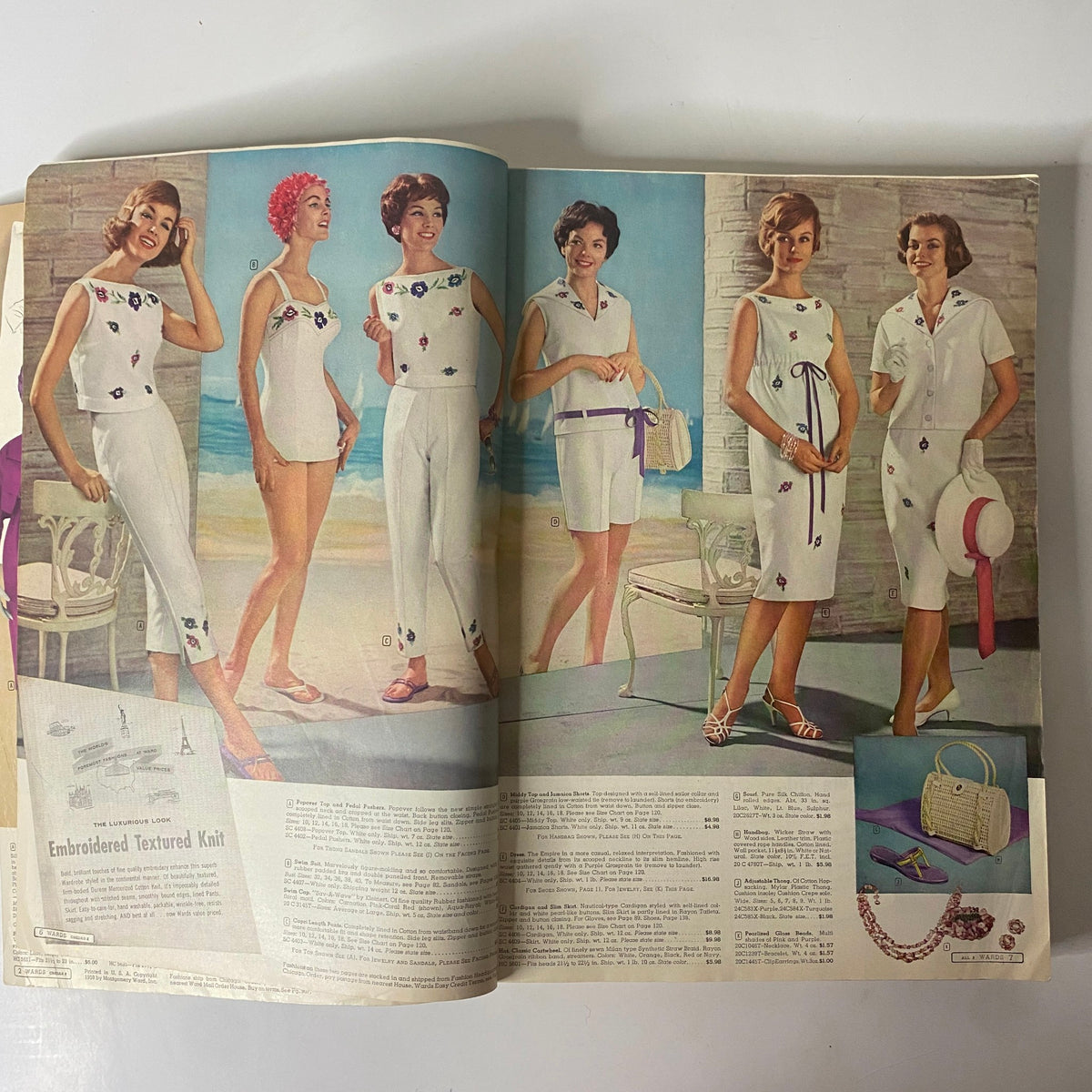 1959 Montgomery Ward Spring and Summer Catalog featuring models showcasing European-inspired summer fashions, including embroidered outfits suitable for beach and casual wear.