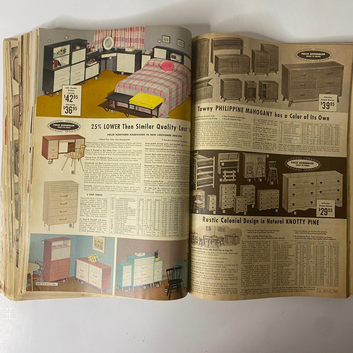 Page displaying bedroom furniture sets and accessories from the 1959 Montgomery Ward Spring and Summer Catalog, featuring colorful designs and affordable prices.