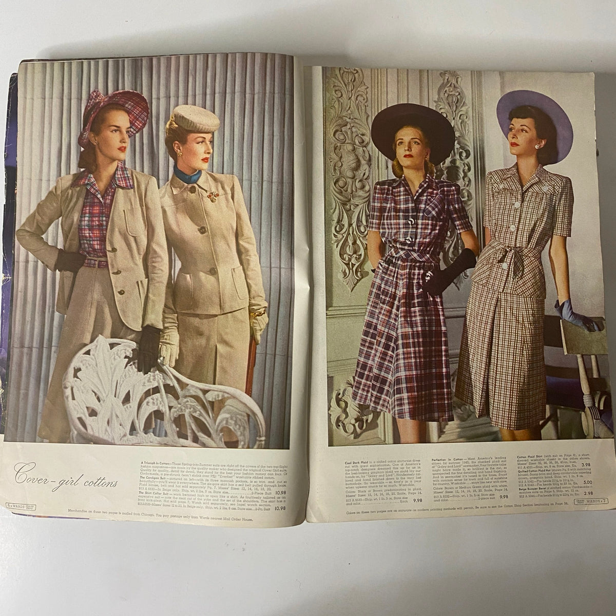 Double-page spread in the 1943 Montgomery Ward Spring and Summer Catalog displaying three models wearing classic 1940s fashions, including suits and dresses.