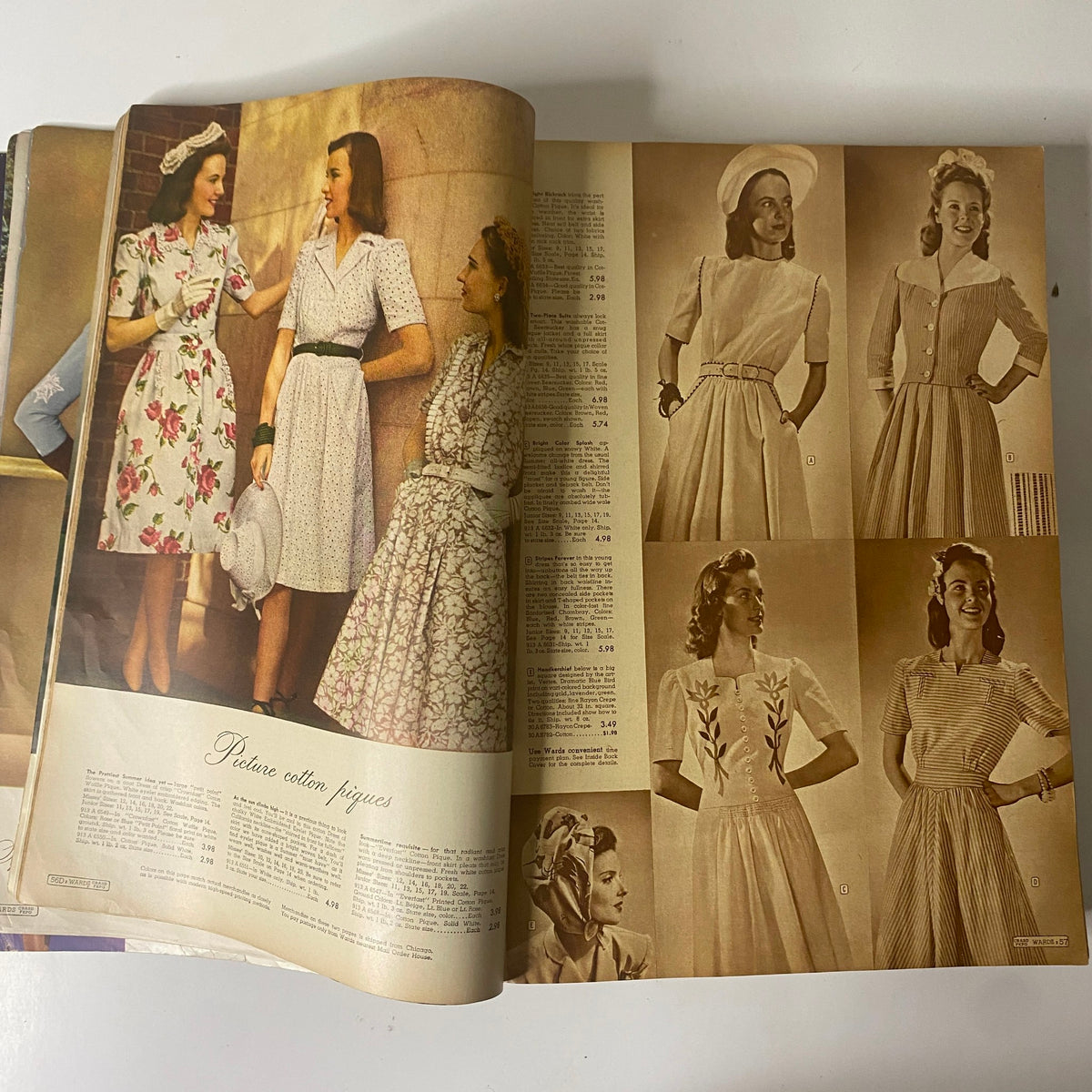 1943 Montgomery Ward Spring and Summer Catalog GD Interior showcasing vintage women's fashion with floral dresses, polka dot designs, and classic summer silhouettes.