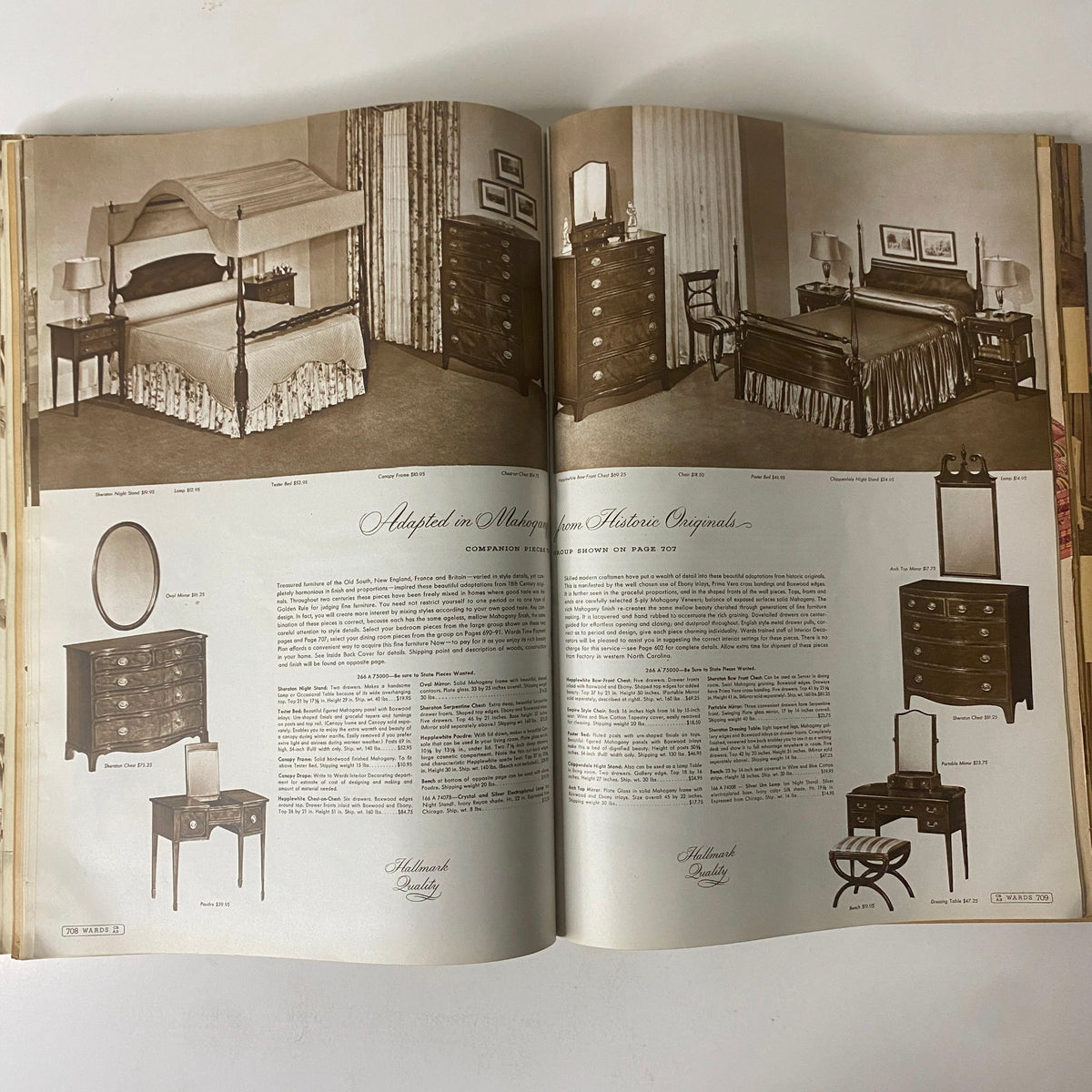 Interior pages from the 1943 Montgomery Ward Spring and Summer Catalog featuring bedroom furniture including beds and dressers adapted from historic designs.