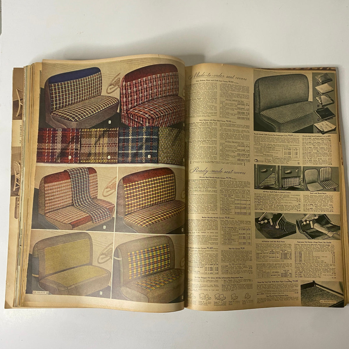 Interior pages from the 1943 Montgomery Ward Spring and Summer Catalog presenting various seat cover styles, highlighting fabrics and options for upholstery.