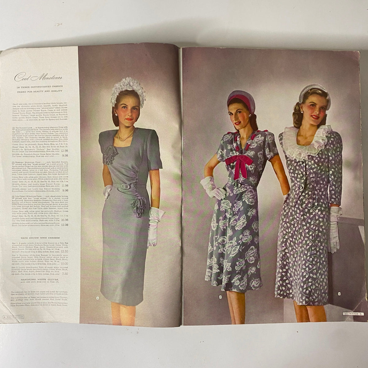 Interior spread from the 1945 Montgomery Ward Spring and Summer Catalog, showing sophisticated dresses with detailed descriptions, capturing 1940s women's fashion.