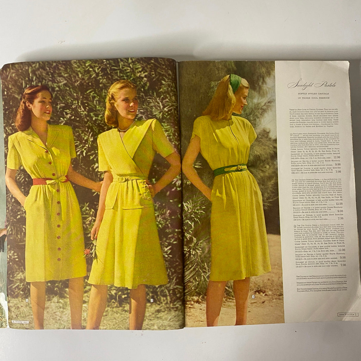 Another interior page of the 1945 Montgomery Ward Spring and Summer Catalog, featuring models in stylish yellow dresses, illustrating the vibrant colors and styles of the era.