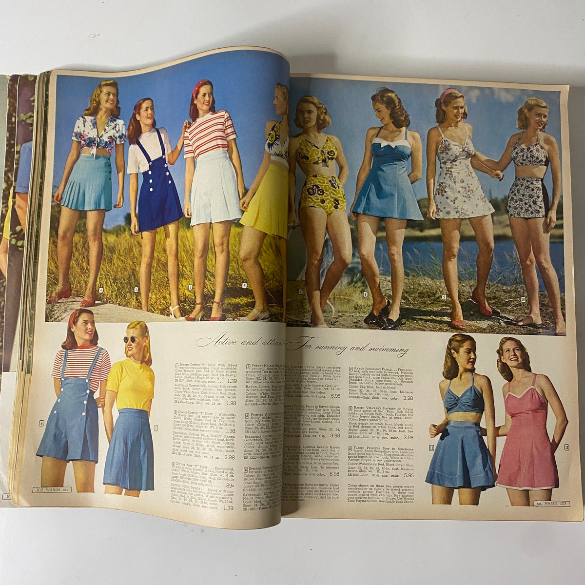 Fashion spread from the 1945 Montgomery Ward Spring and Summer Catalog featuring women in summer dresses and swimwear.
