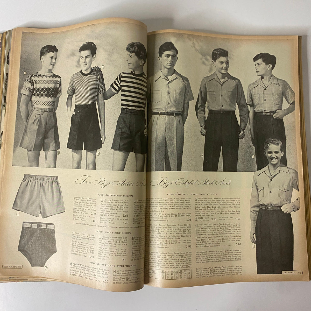 Boys' clothing options from the 1945 Montgomery Ward Spring and Summer Catalog featuring stylish shorts and shirts.