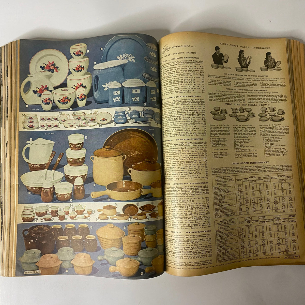 Page from the 1945 Montgomery Ward Spring and Summer Catalog illustrating a variety of dishware and kitchen items available in the 1940s.