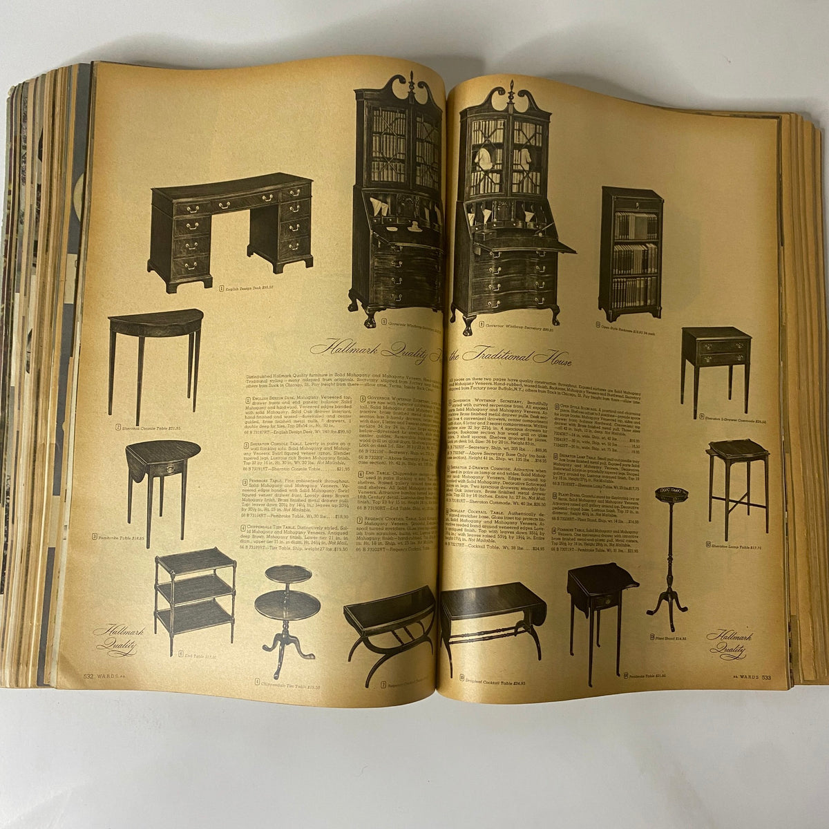 Interior page featuring traditional furniture styles from Hallmark Quality in the 1945 Montgomery Ward Spring and Summer Catalog.