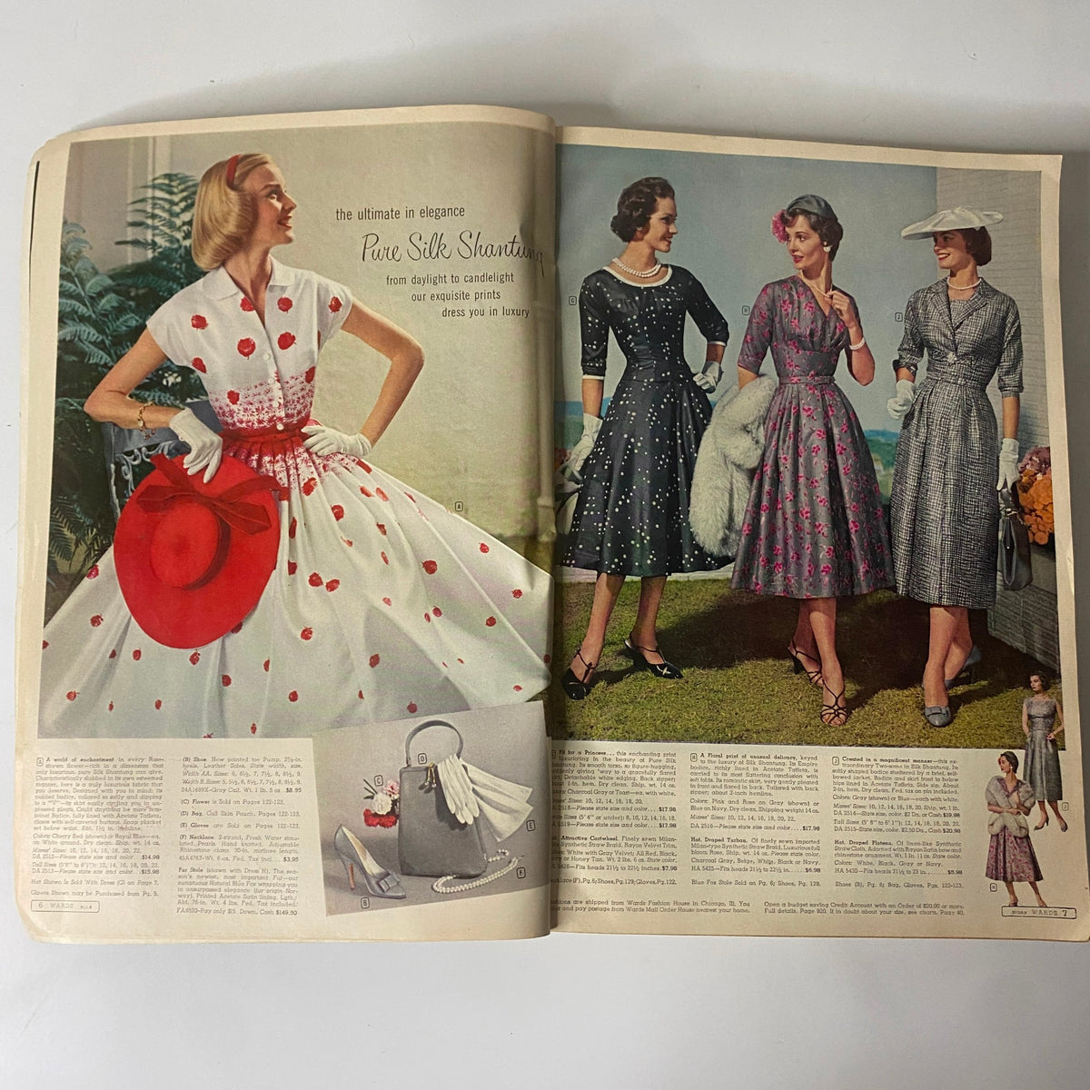 1958 Montgomery Ward Spring and Summer Catalog showcasing elegant women's dresses featuring floral designs and classic silhouettes.