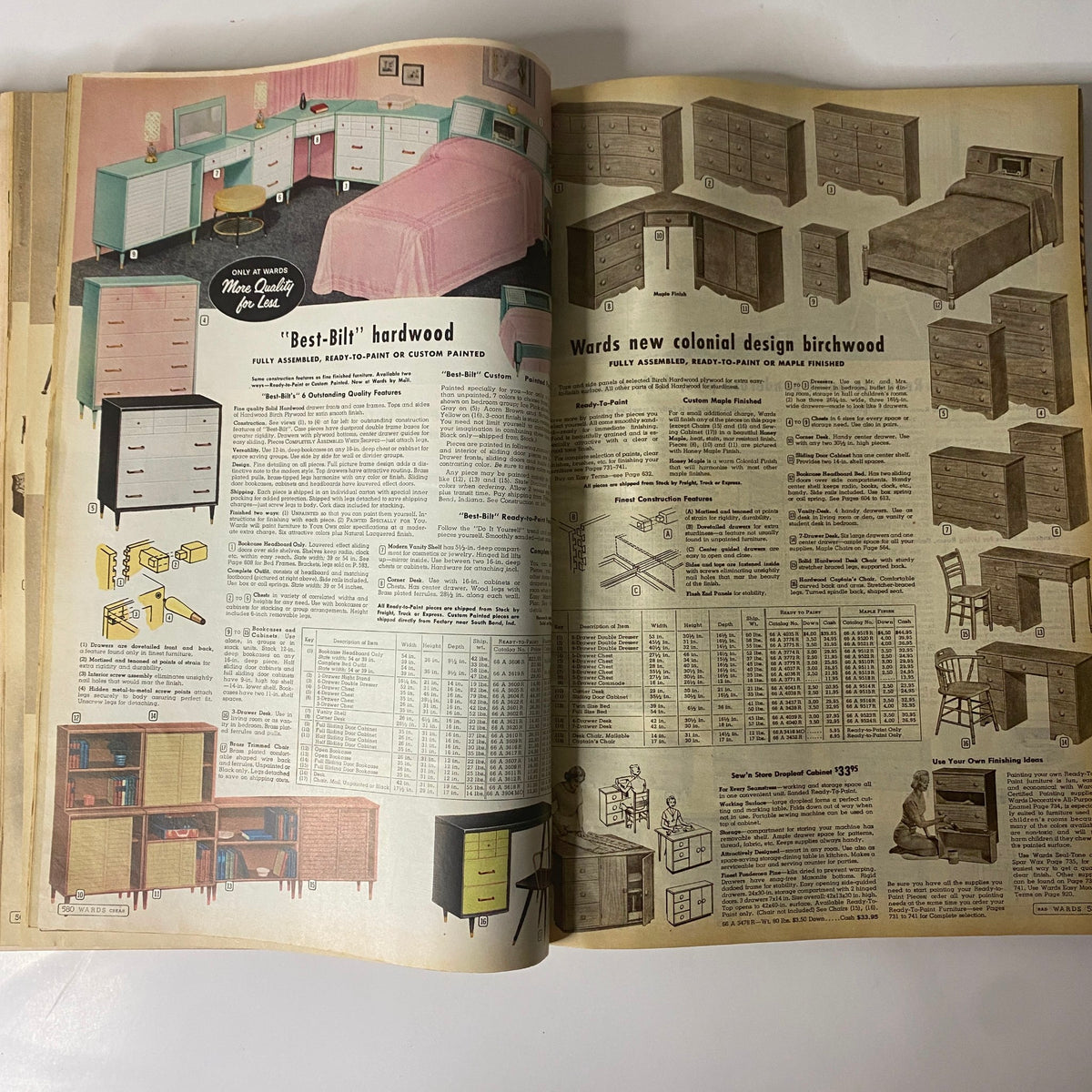 1958 Montgomery Ward Spring and Summer Catalog illustrating bedroom furniture designs and specifications featured in the vintage issue.