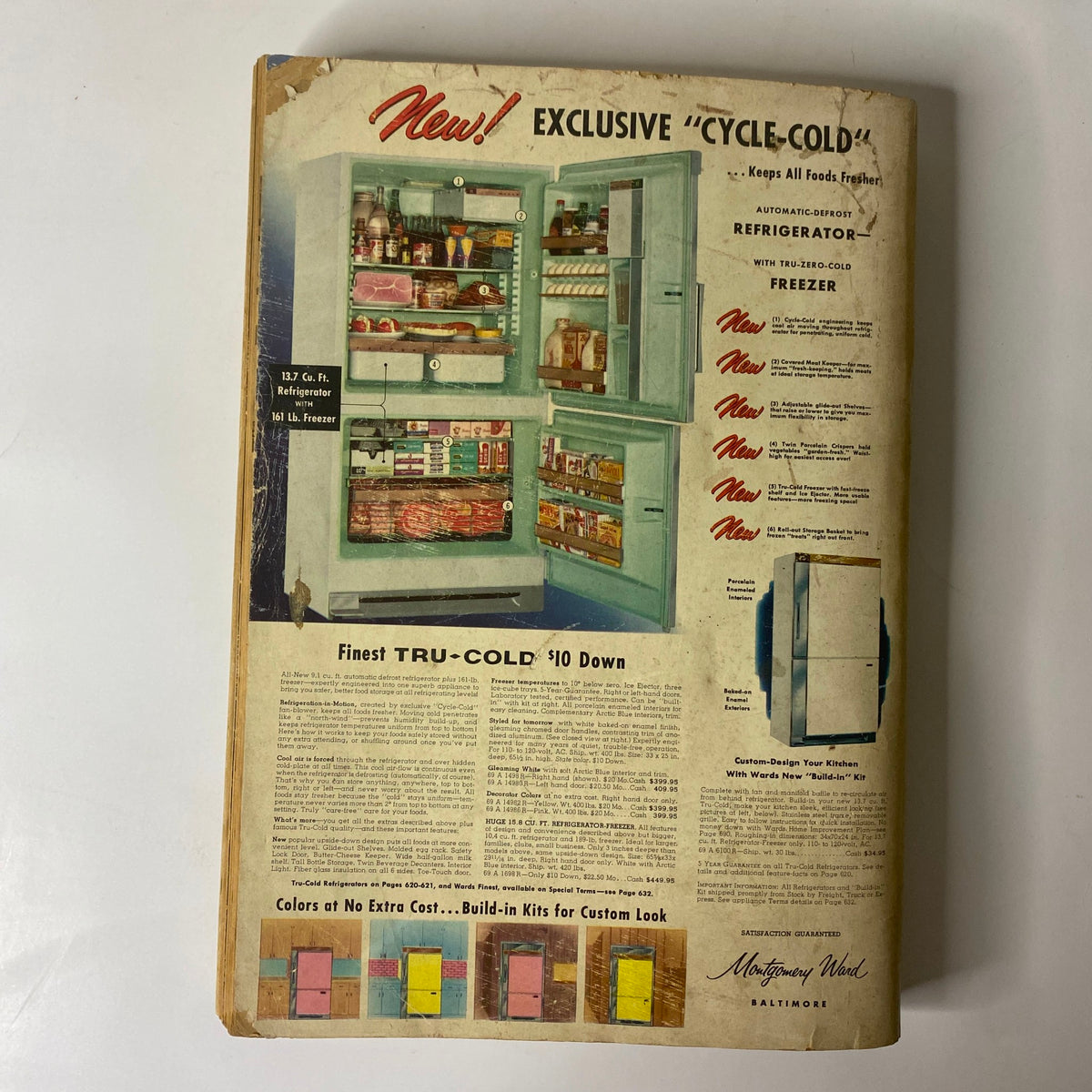 Back cover of the 1958 Montgomery Ward Spring and Summer Catalog featuring the advertisement for the exclusive Cycle-Cold refrigerator.
