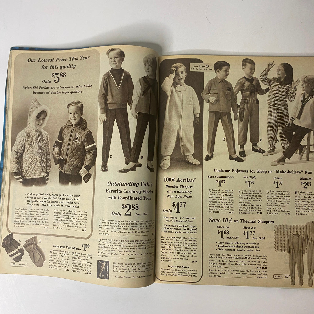 1965 Montgomery Ward 93rd Anniversary Sale Catalog highlighting children's winter clothing offers, featuring nylon ski parkas and cotton sleepwear.