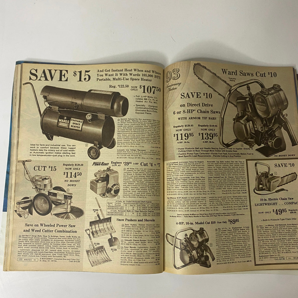 1965 Montgomery Ward 93rd Anniversary Sale Catalog presenting home improvement products, including portable space heaters and chain saws, at discounted prices.