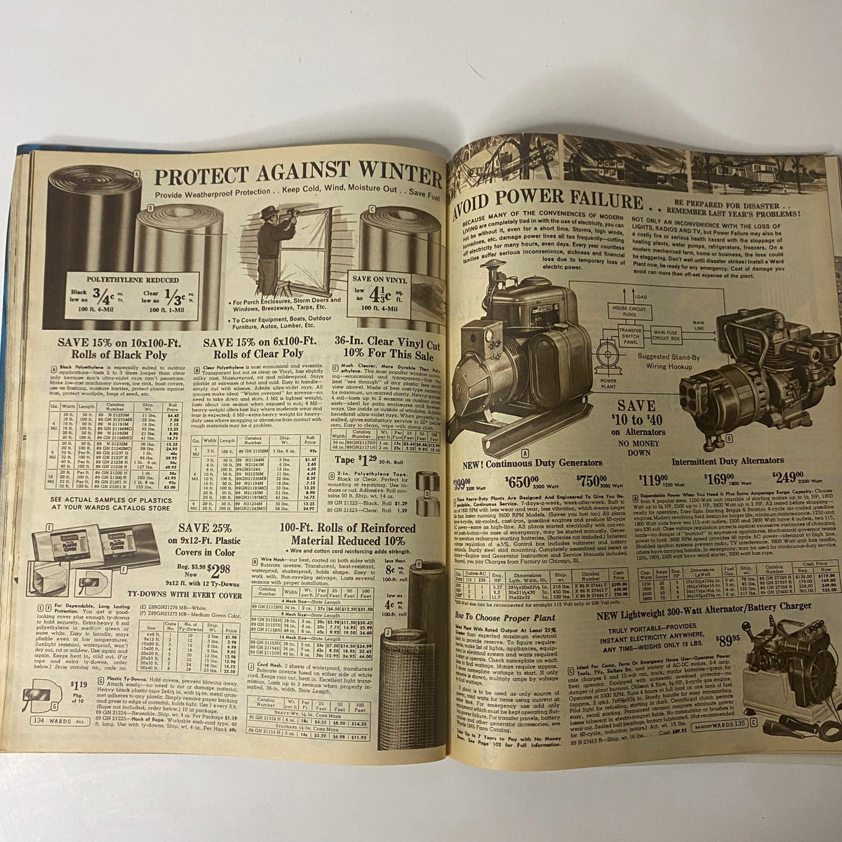 1965 Montgomery Ward 93rd Anniversary Sale Catalog detailing weatherproof materials and generators, promoting savings on home protection products.