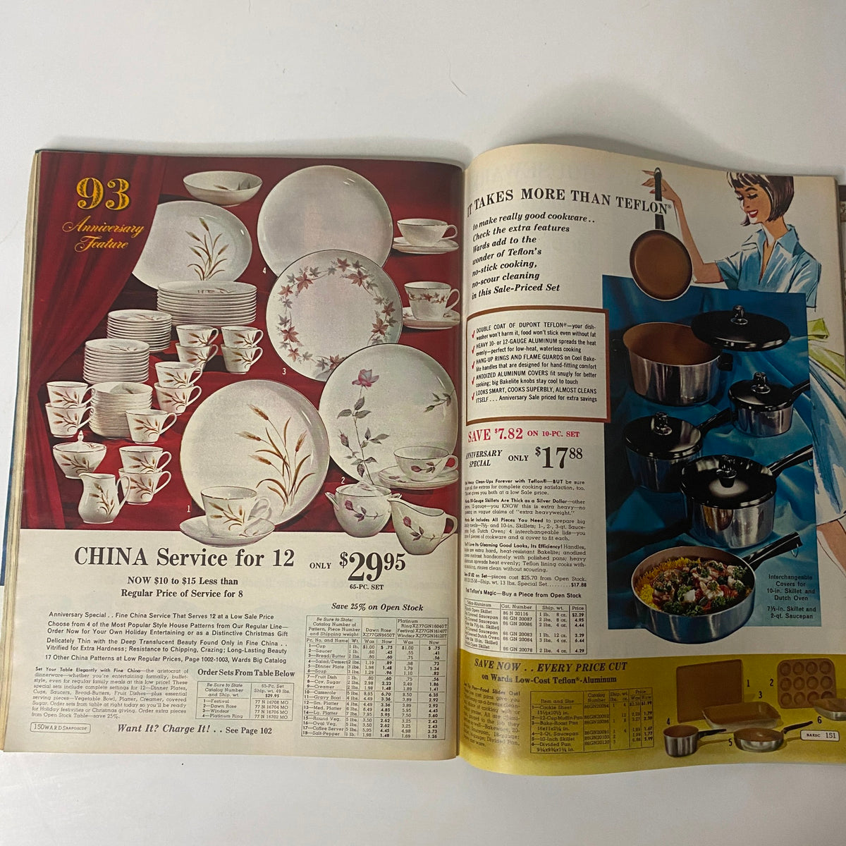 1965 Montgomery Ward 93rd Anniversary Sale Catalog featuring china service sets and cookware, emphasizing affordable options for kitchen essentials.