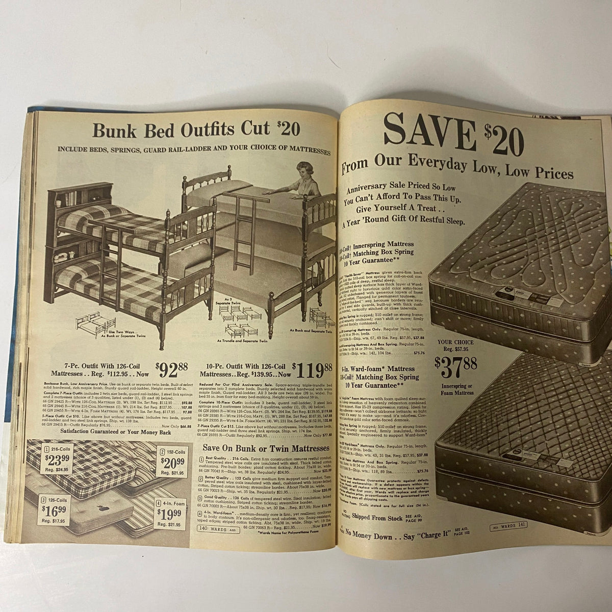 Interior page of the 1965 Montgomery Ward 93rd Anniversary Sale Catalog featuring bunk bed outfits and mattress prices, highlighting savings during the anniversary sale.