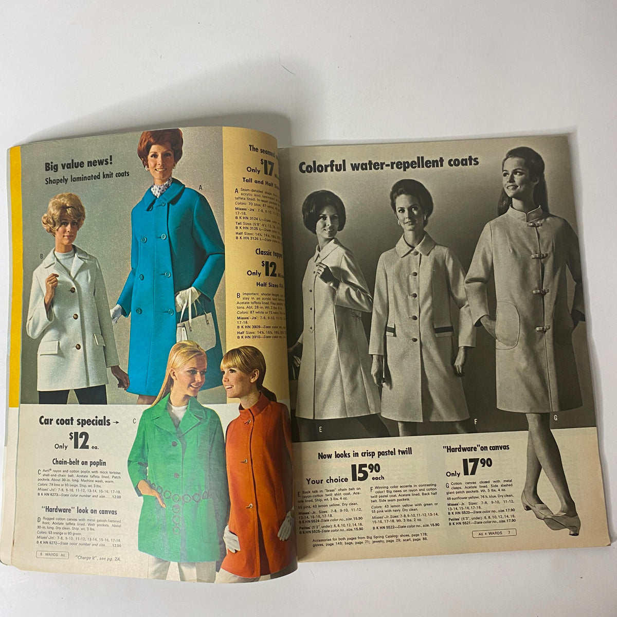 1968 Montgomery Ward Spring Sale Catalog featuring stylish women's coats in vibrant colors, including a blue knit coat and white laminated options, showcasing 1960s fashion trends.