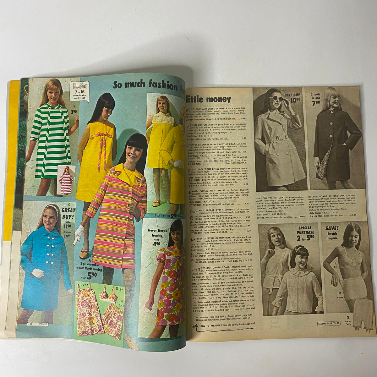1968 Montgomery Ward Spring Sale Catalog showcasing fashionable women's dresses, with models wearing bold patterns and bright colors, epitomizing the playful spirit of 1960s fashion.