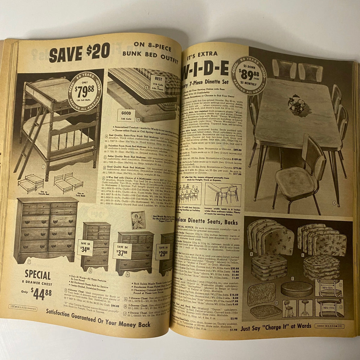 1961 Montgomery Ward Summer Catalog showcasing furniture deals, including a bunk bed outfit and dinette set, complete with pricing options.