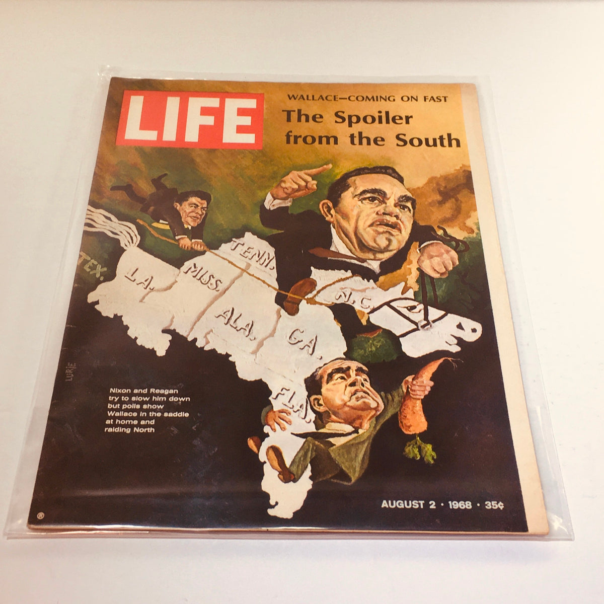 Vintage Life Magazine cover from August 2, 1968, titled 'The Spoiler from the South: Wallace,' featuring an illustration of George Wallace and political commentary on the 1968 presidential race.