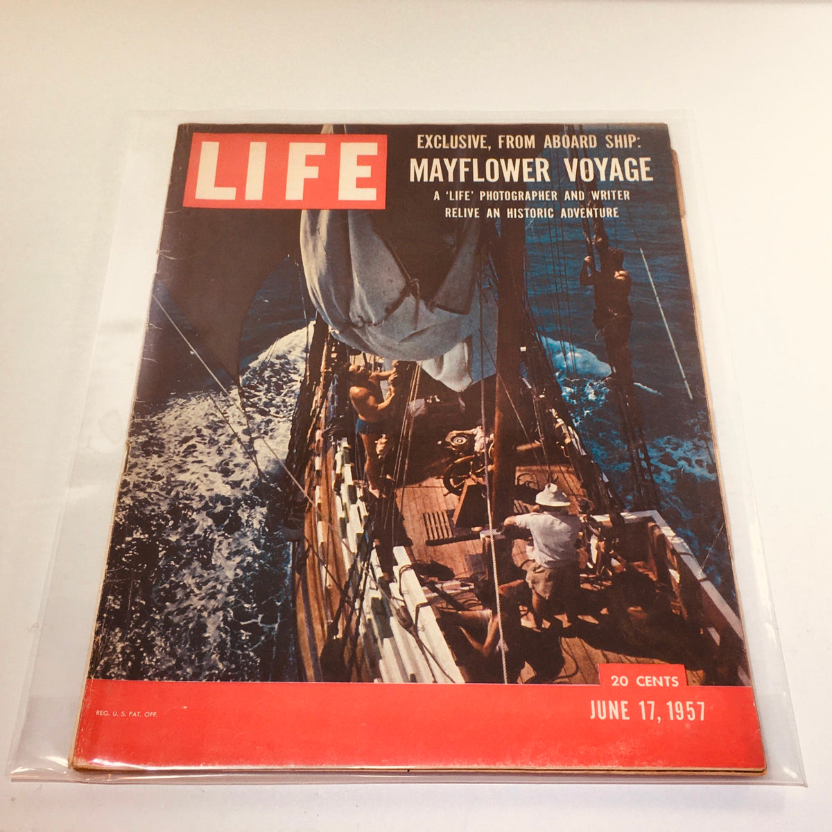 Cover of VTG Life Magazine: June 17 1957, featuring a graphic representation of the Mayflower voyage. The image showcases the ship on the open sea, capturing the essence of adventure with sailors on deck.