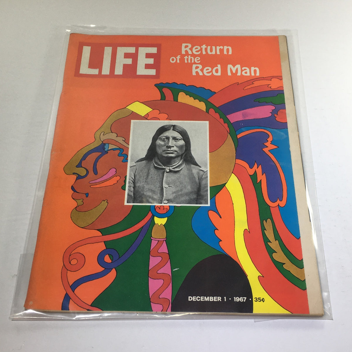 Vintage Life Magazine cover from December 1, 1967, featuring the title 'Return of the Red Man' and a colorful design with Native American imagery.