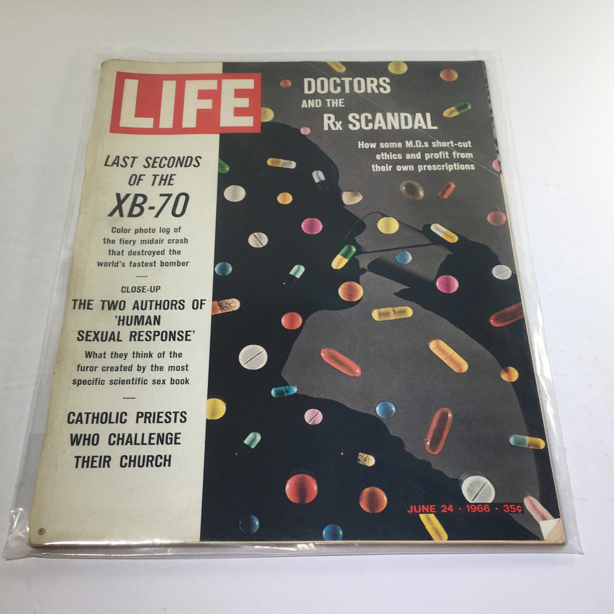 VTG Life Magazine: June 24, 1966, featuring the cover story on the Last Seconds of the XB-70 aircraft and the Doctors and Rx Scandals, showcasing colorful pills against a black background.