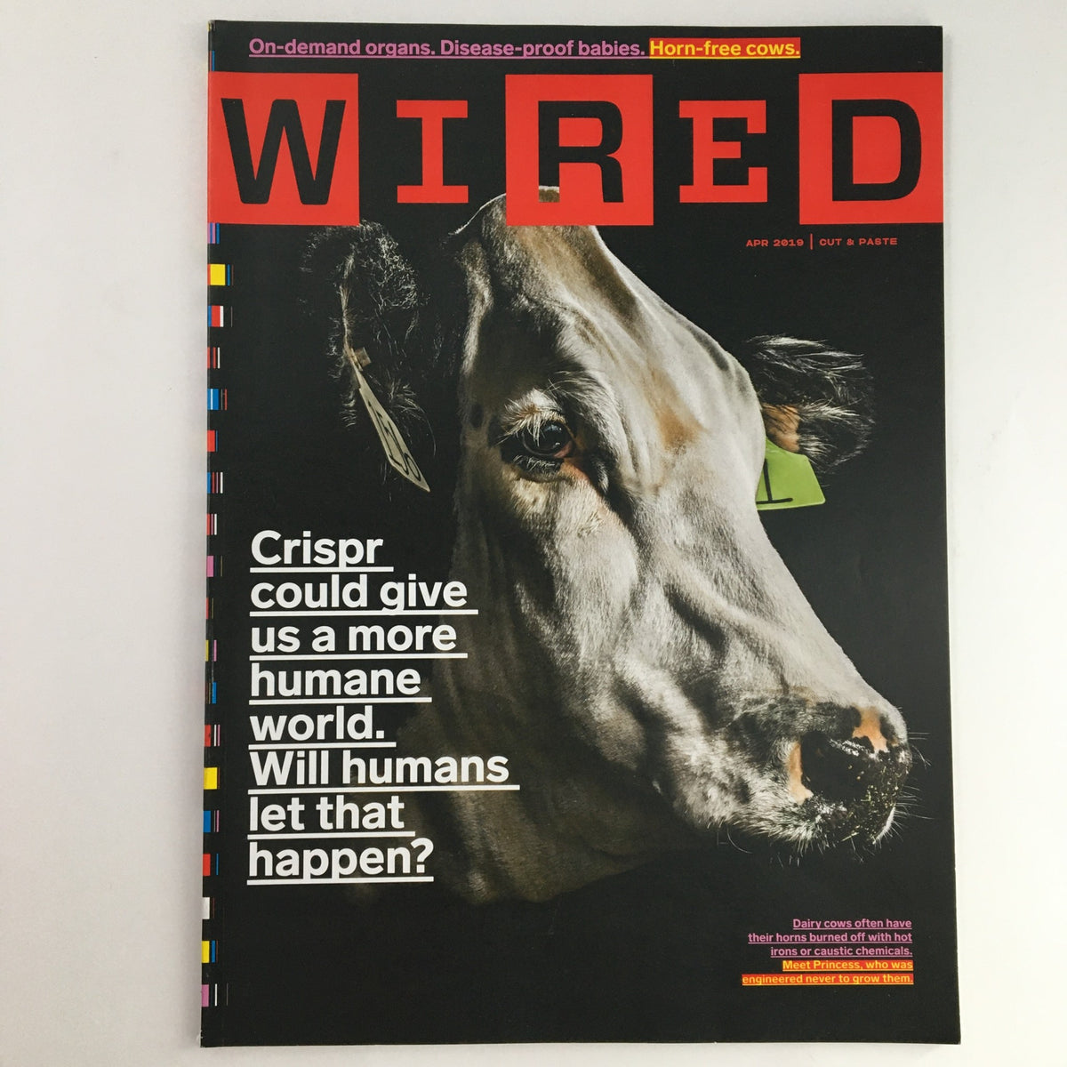 Wired Magazine April 2019 cover featuring articles on Disease-Proof Babies and Horn-Free Cows, showcasing advancements in biotechnology and agriculture.