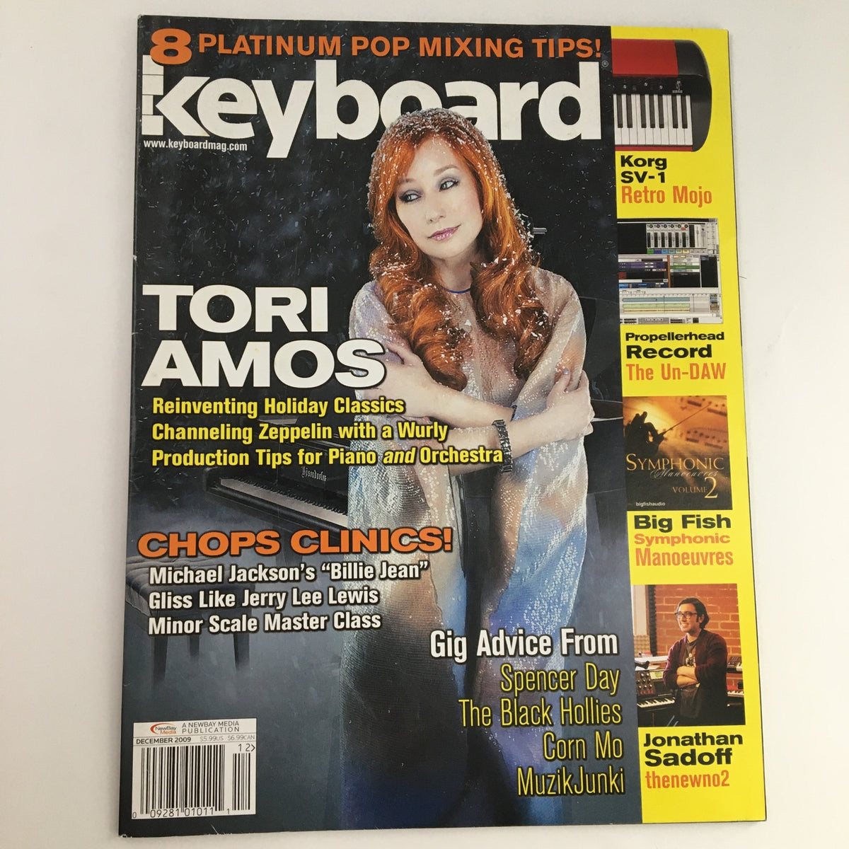 Keyboard Magazine December 2009 featuring Tori Amos on the cover, showcasing music industry insights and contributions from Jonathan Sadoff and Michael Jackson.
