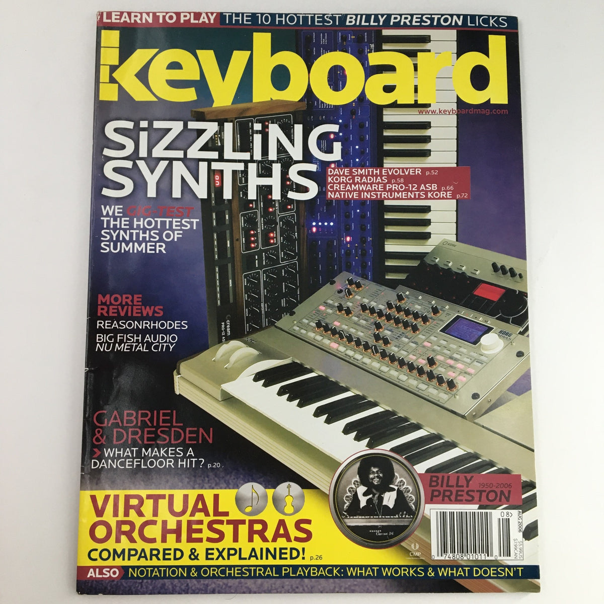 Cover of Keyboard Magazine August 2006 featuring a tribute to Billy Preston, with highlights on Gabriel & Dresden and articles about the latest synthesizers.