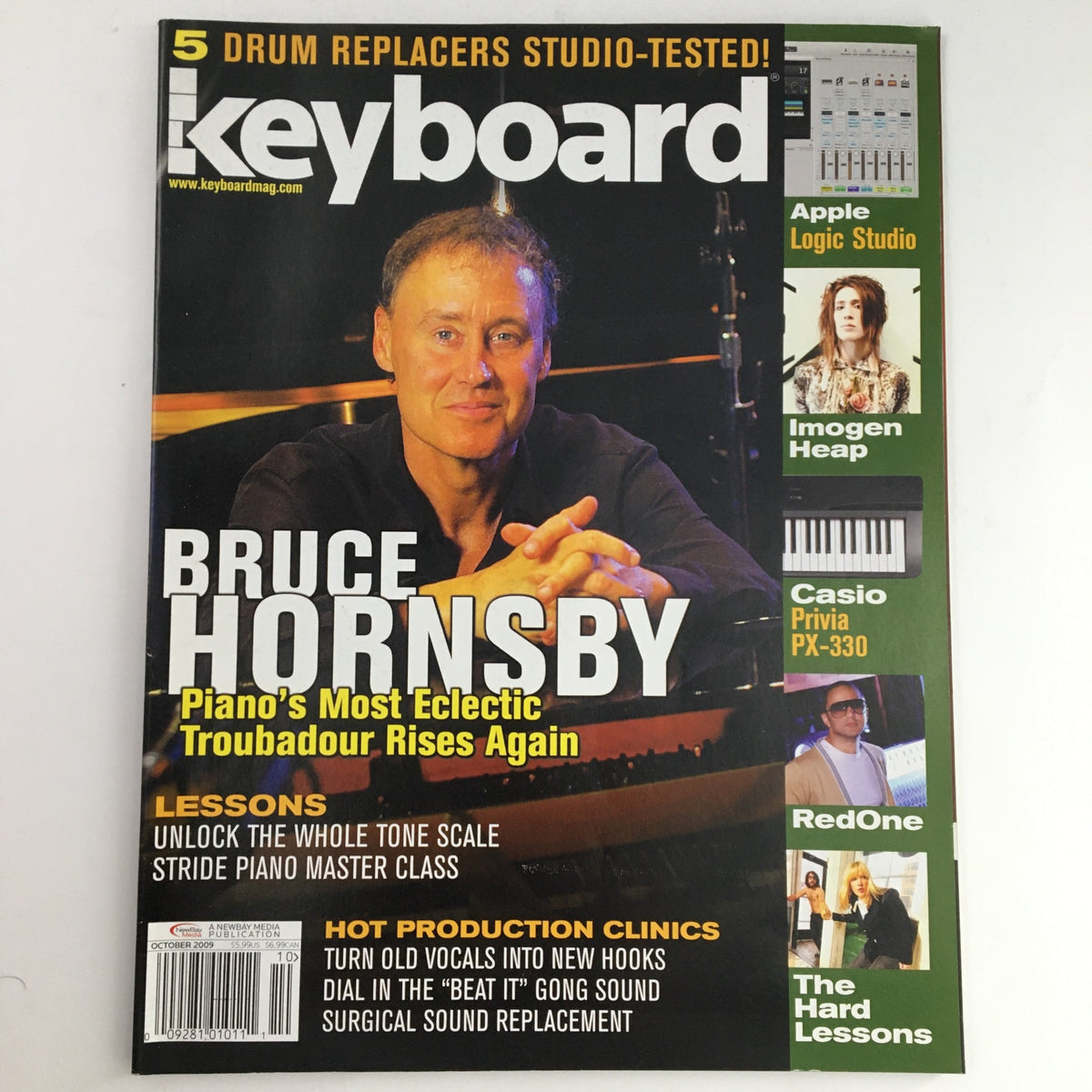 Cover of Keyboard Magazine, October 2009, featuring Bruce Hornsby. The magazine highlights piano lessons, including a special feature on Imogen Heap and Red One, and showcases tips for music production.