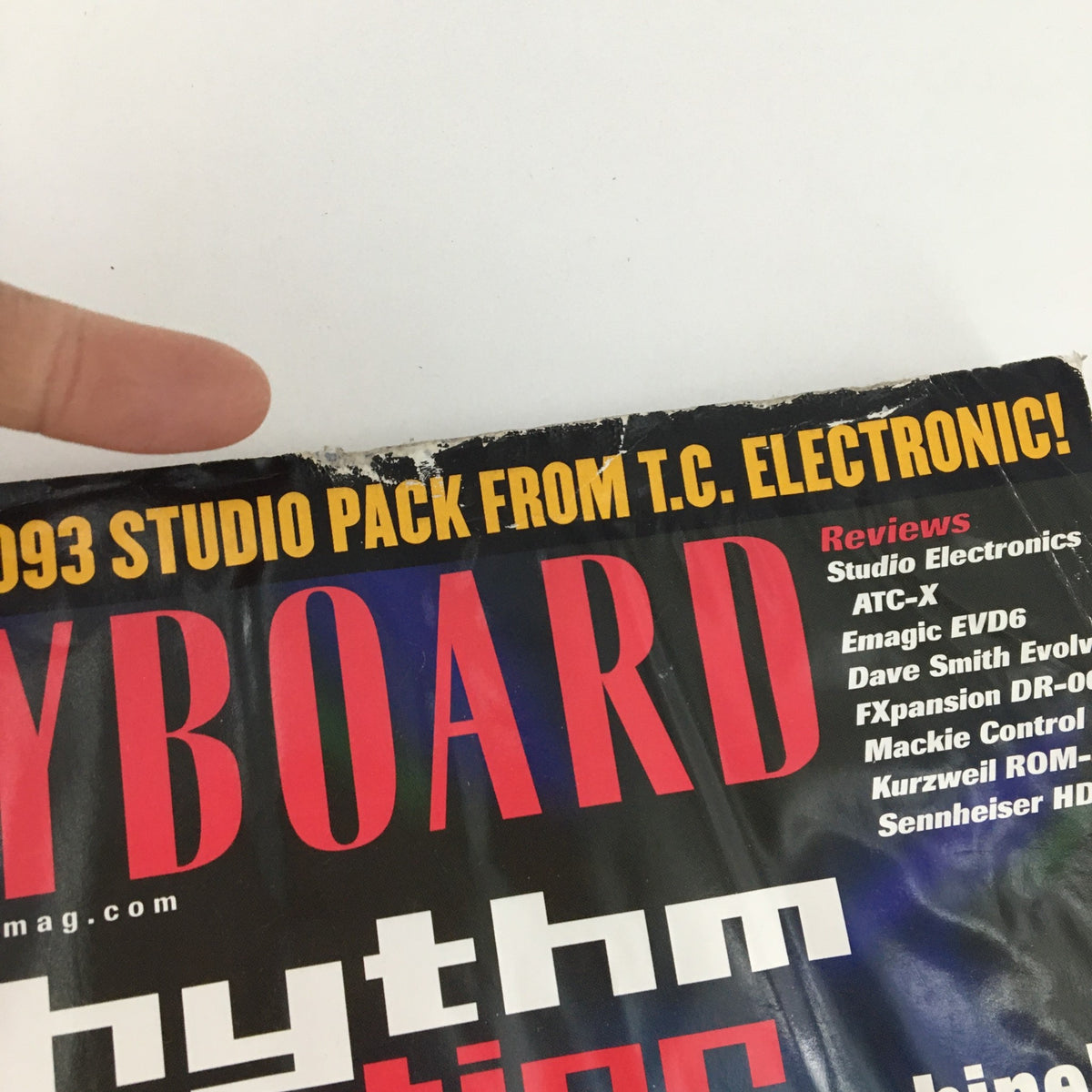 Close-up of the Keyboard Magazine March 2003 title with promotional text for a $4,093 studio pack from T.C. Electronic.