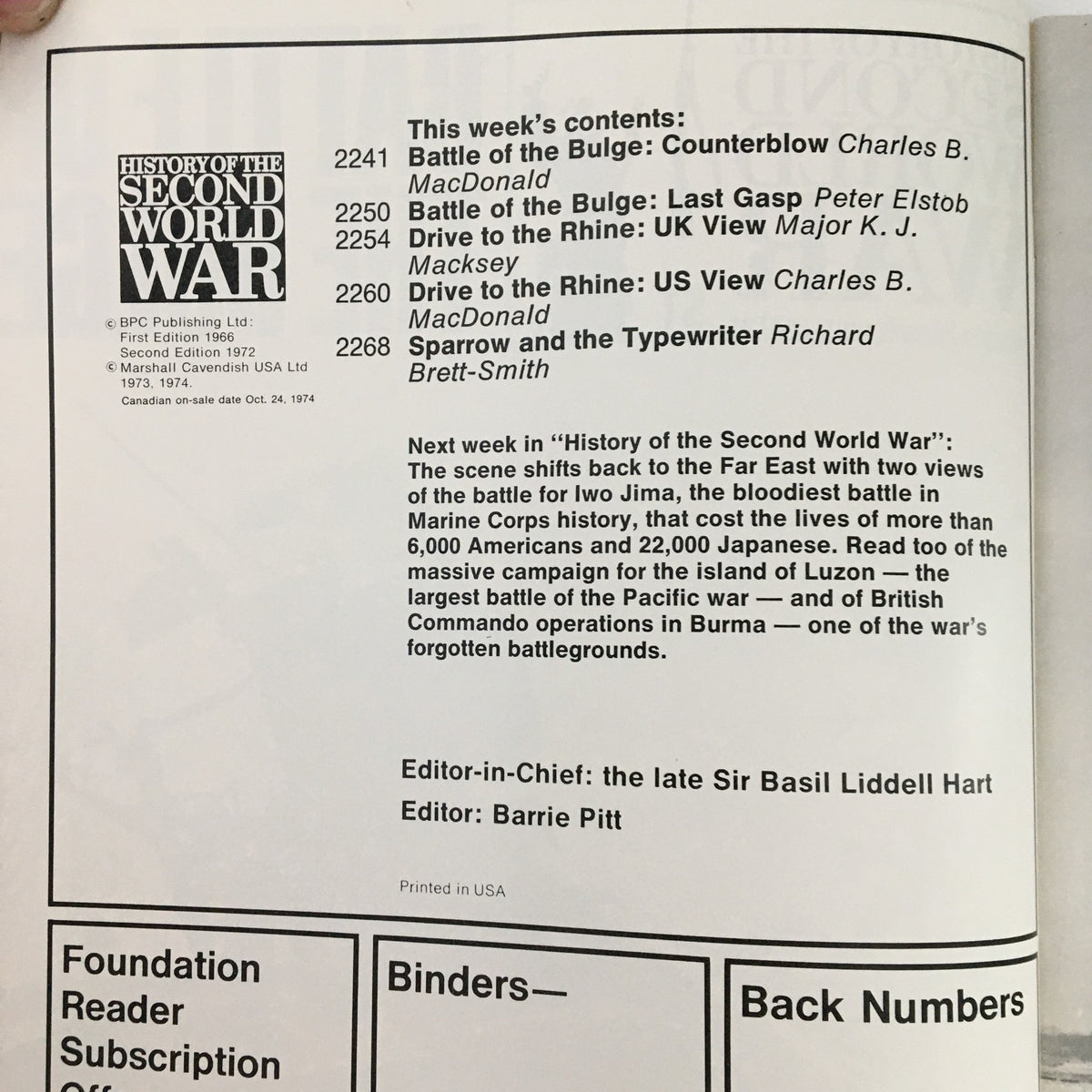 Inside contents page of 'History of the Second World War Part 81 1974: Battle of Bulge & Allies Hit Back' showing article titles related to the Battle of the Bulge and other WWII topics. Details include article authors and future topics.
