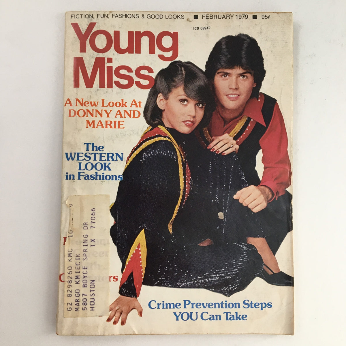 Young Miss Magazine cover from February 1979 featuring Donny and Marie. The cover highlights the New Look and The Western Look in fashions. Includes a brief mention of crime prevention steps and is marked as vintage collectible.
