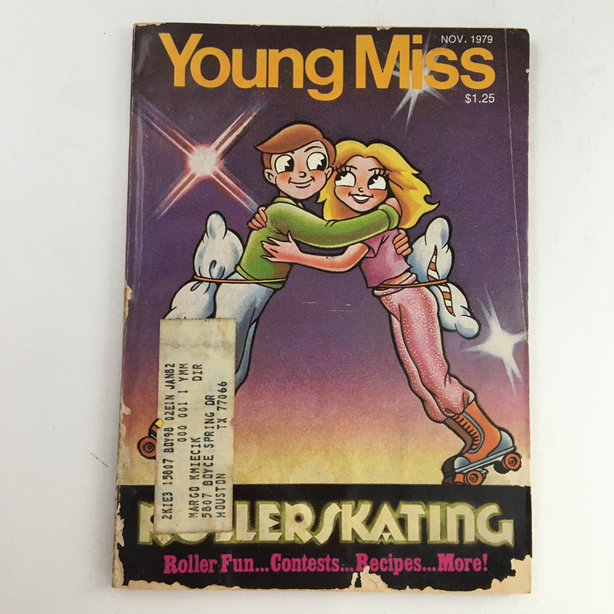 Cover of Young Miss Magazine November 1979 featuring a colorful illustration of a boy and girl roller-skating together, highlighting roller fun, contests, and recipes.