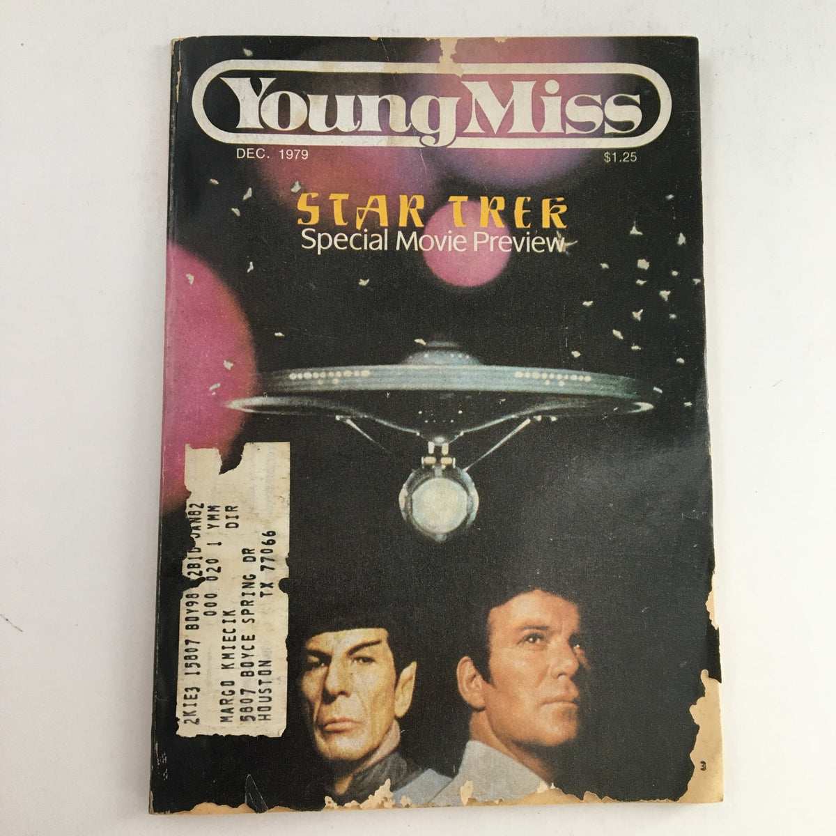 Cover of Young Miss Magazine December 1979 featuring Star Trek Special Movie Preview with portraits of Leonard Nimoy and William Shatner against a colorful space backdrop.