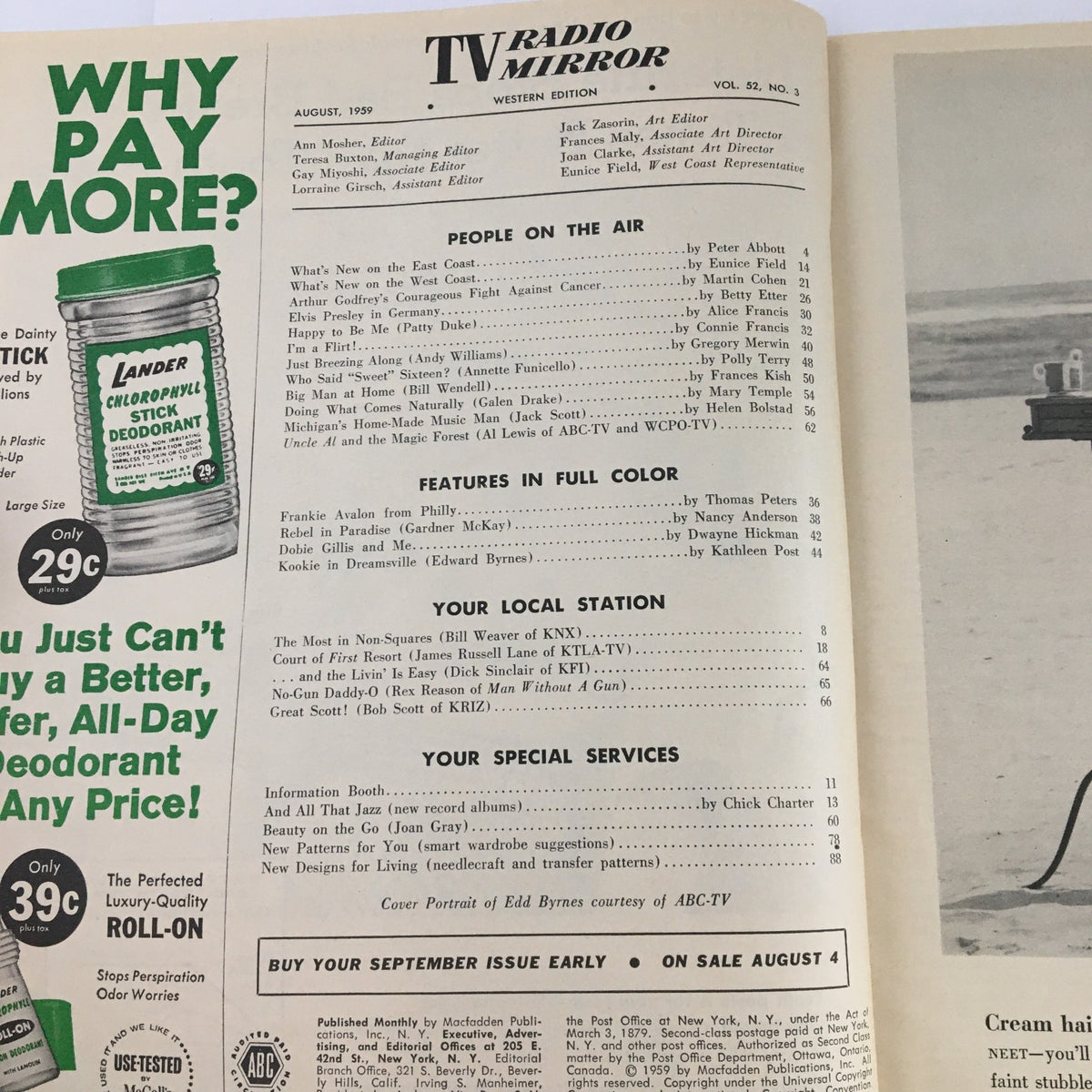 Inside page of TV Radio Mirror Magazine August 1959 Vol 52 #3 featuring articles about Edd Byrnes and Connie Francis, including advertisements and listings of content.