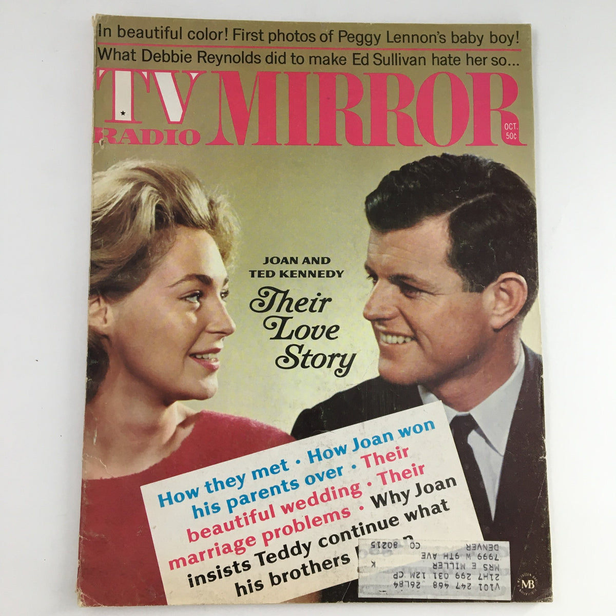 Cover of TV Radio Mirror Magazine from October 1968 featuring Joan and Ted Kennedy and their love story, highlighting nostalgic moments and vintage charm.