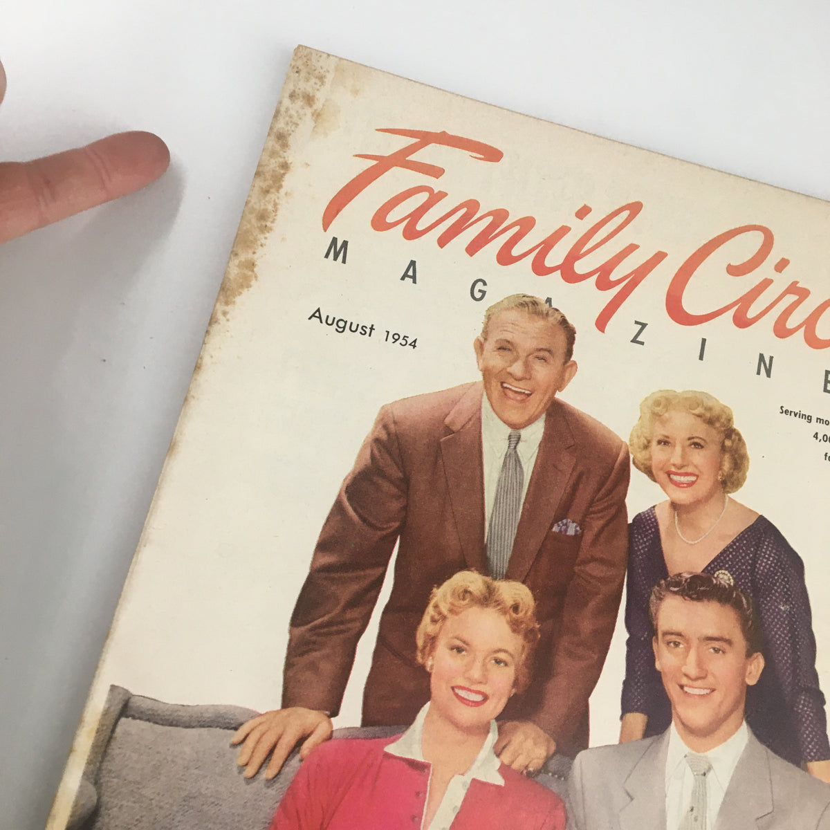 Close-up of VTG Family Circle Magazine August 1954 cover, highlighting Burns & Allen and their children with classic vintage design.