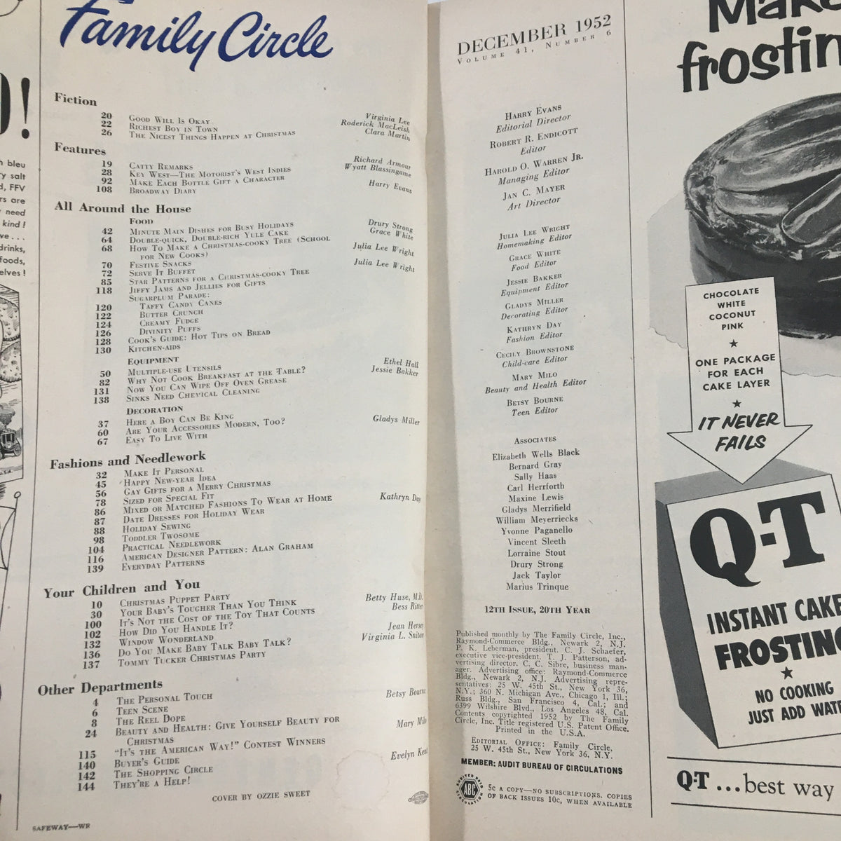 Interior pages of VTG Family Circle Magazine December 1952 showcasing the table of contents and articles related to Minute Main Dishes for Holiday, featuring vintage recipes and mid-century cooking tips.