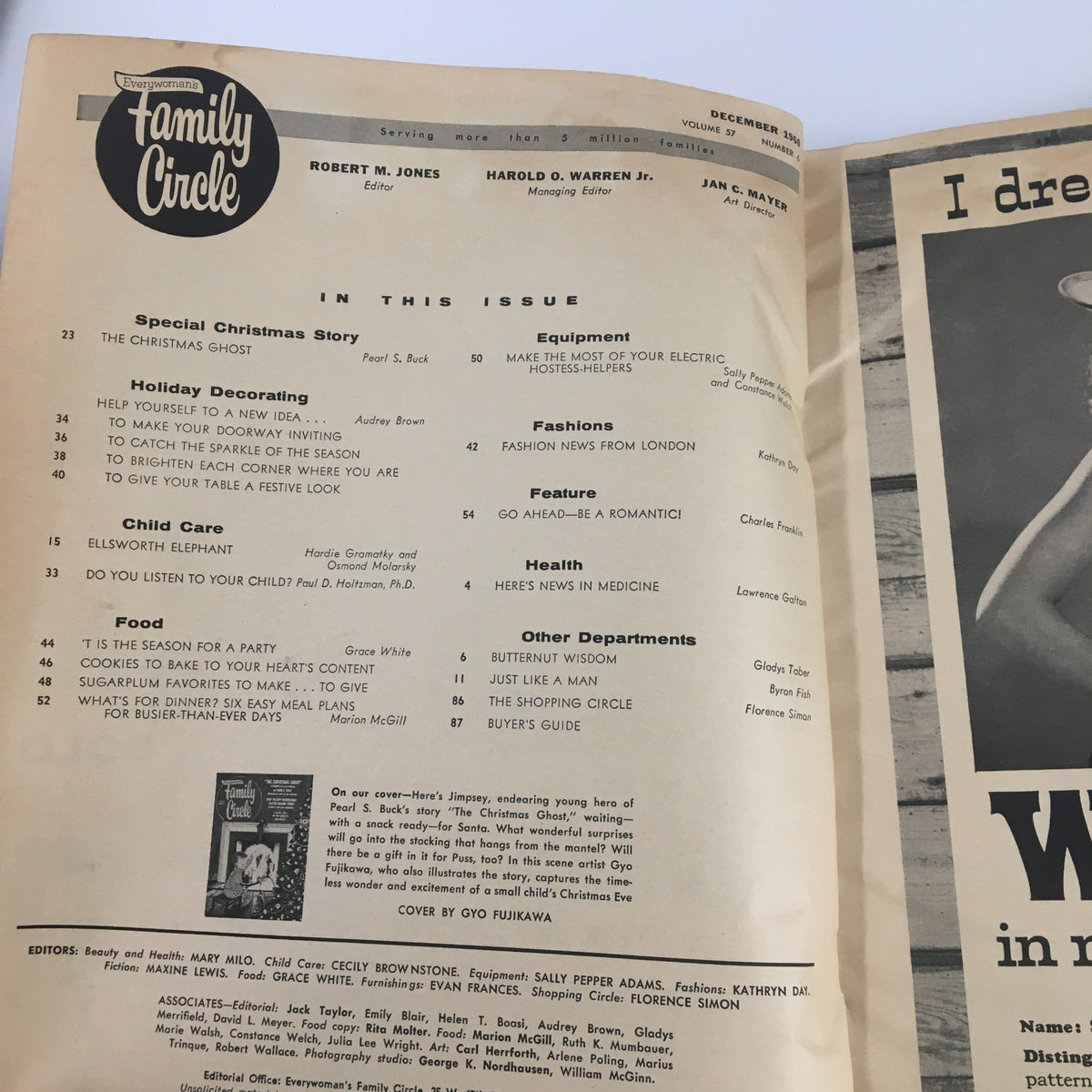 Table of contents page from VTG Family Circle Magazine December 1960, listing articles including 'The Christmas Ghost' story, holiday decorating tips, and family-related content.