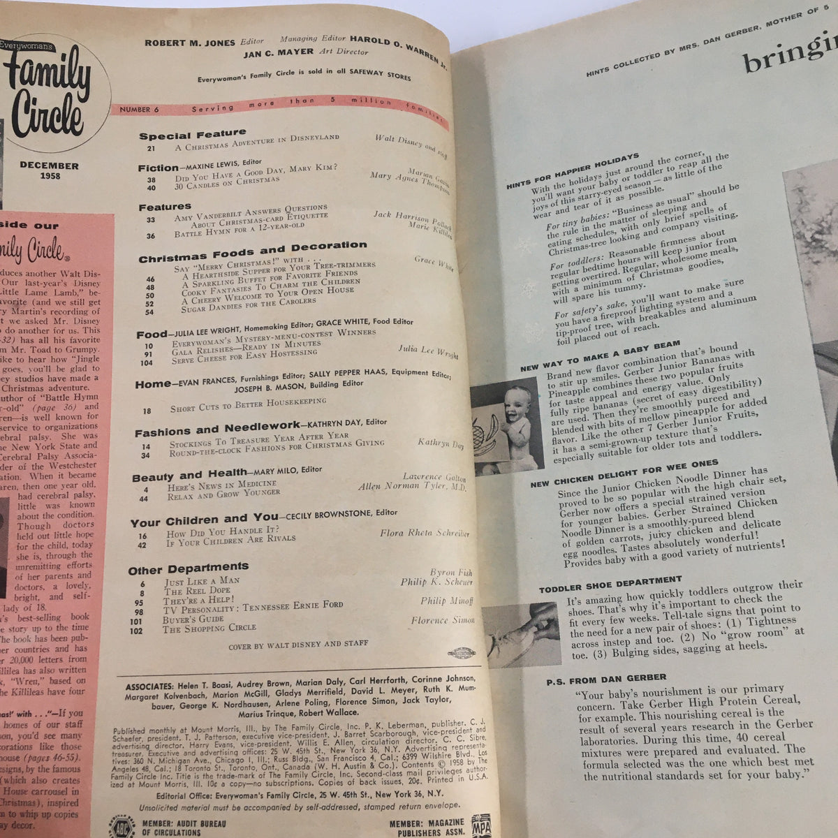 Inside page of the December 1958 'Family Circle' magazine, displaying the table of contents, including articles on Christmas foods and decorations, a special feature on Disneyland, and family life topics.