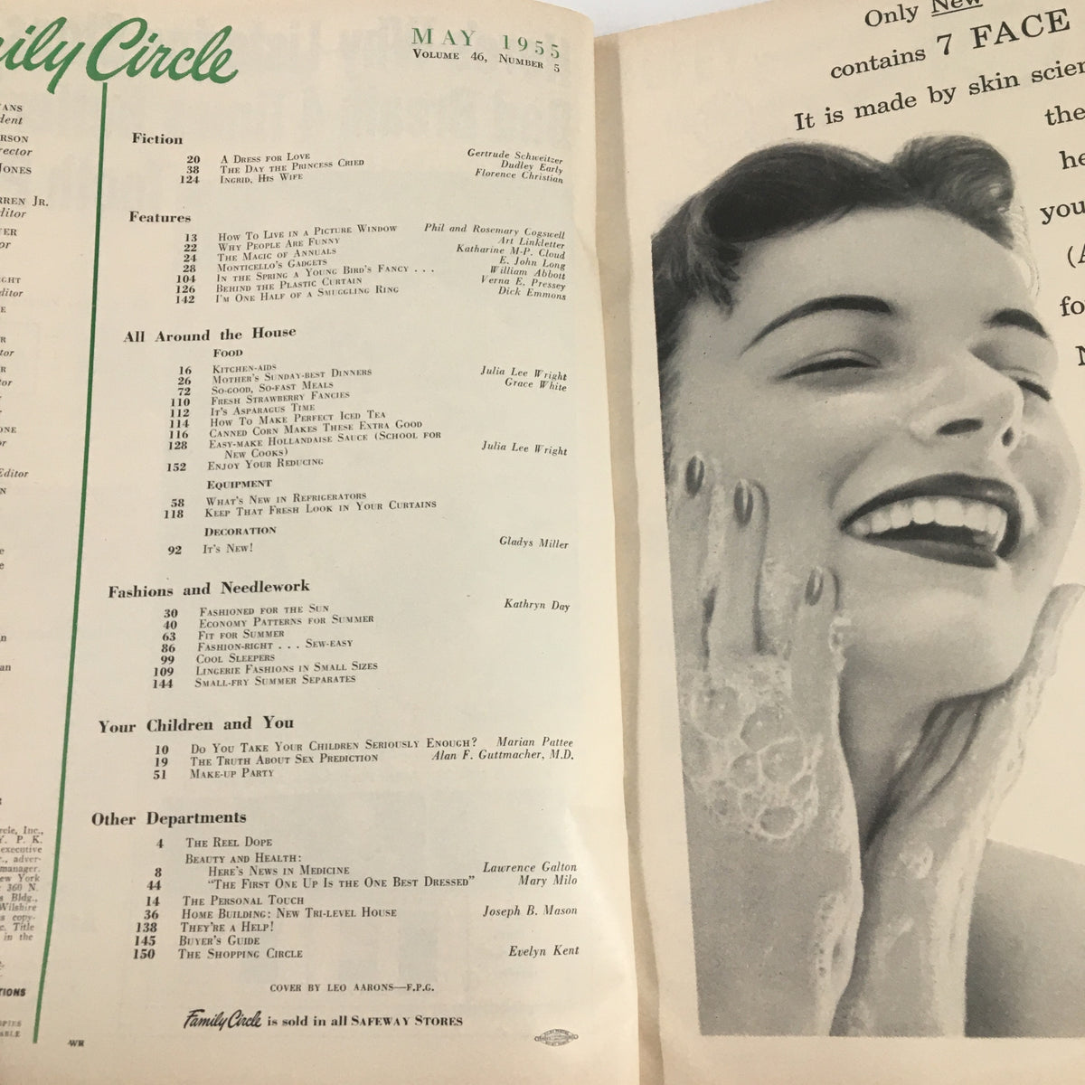 Interior page of VTG Family Circle Magazine May 1955 displaying the table of contents with various features such as recipes and articles, reflecting the vintage lifestyle of the era.