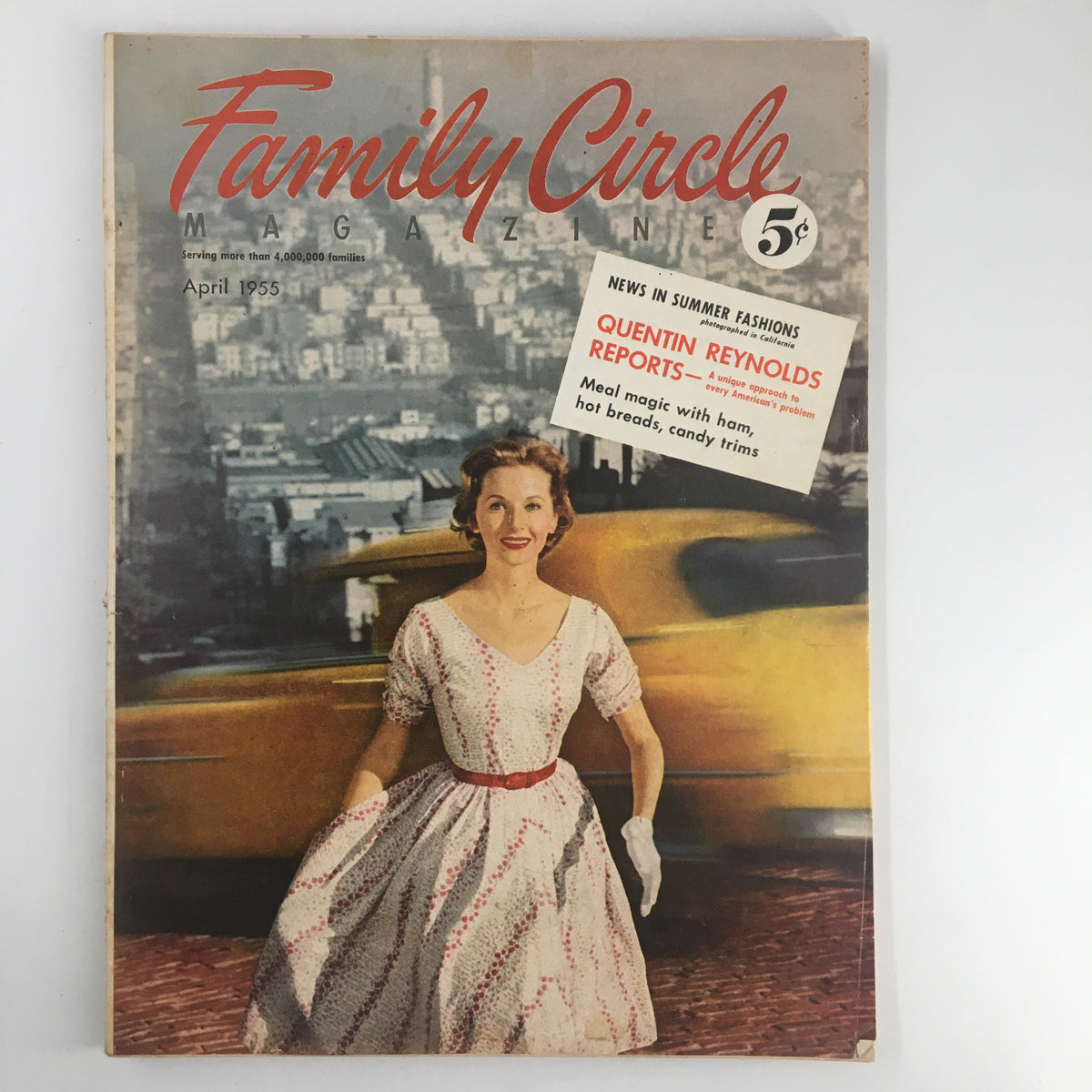 VTG Family Circle Magazine April 1955 cover featuring a woman in a vintage dress standing in front of a city background, highlighting a report by Quentin Reynolds.