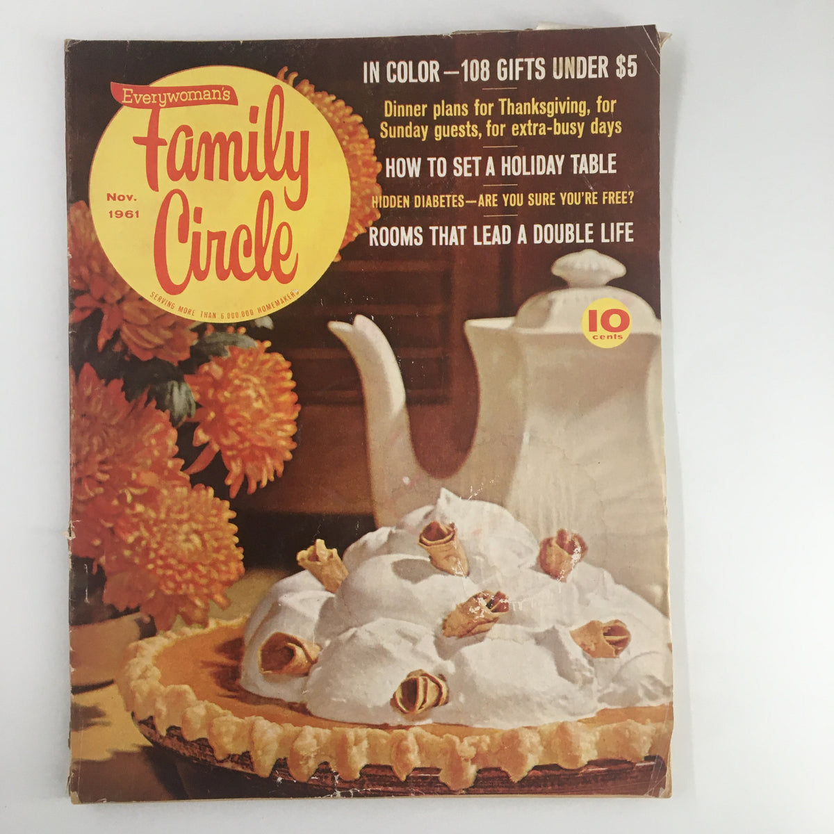 VTG Family Circle Magazine November 1961 cover featuring the title 'Rooms That Lead A Double Life' with colorful floral designs and a dessert display.