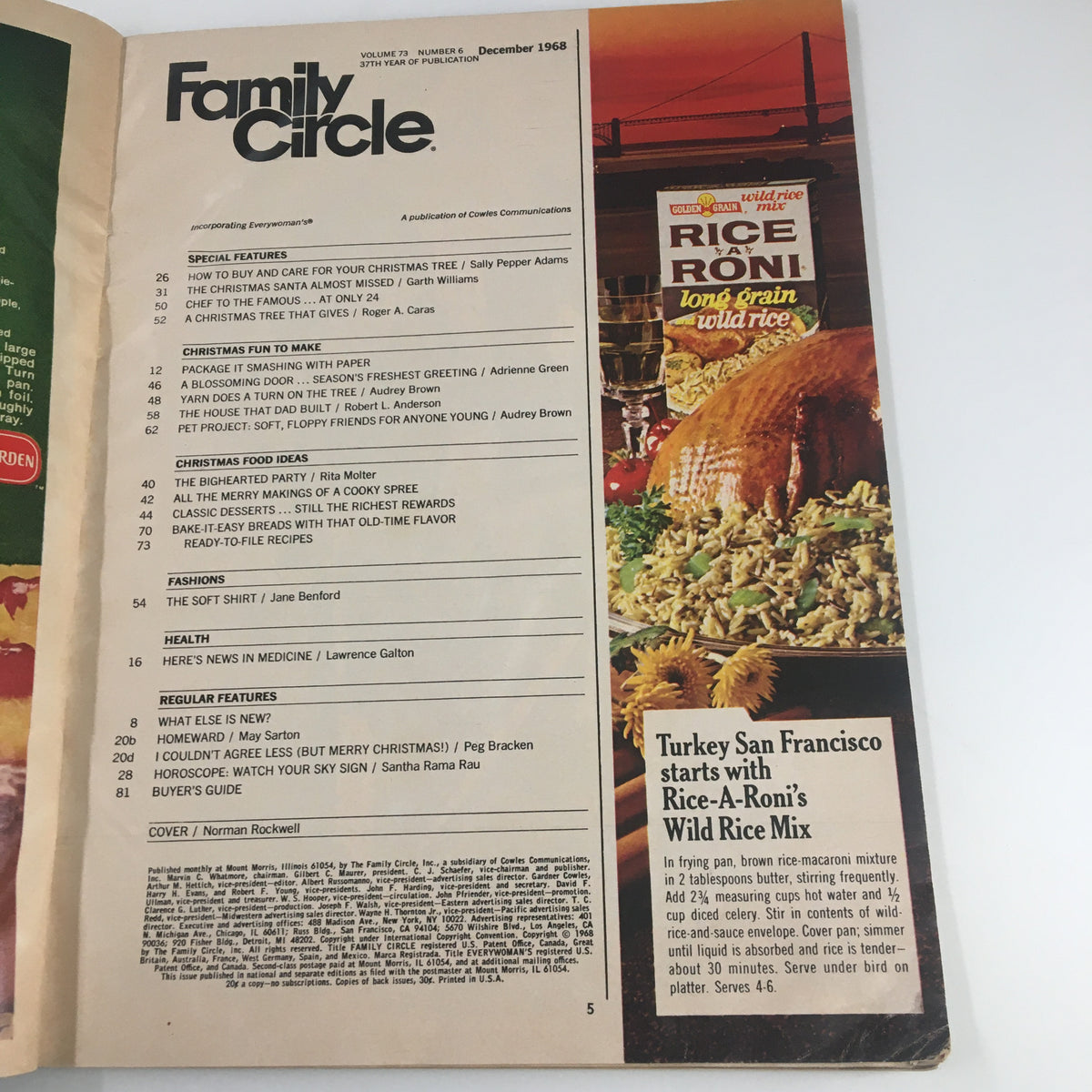 Inside page of VTG Family Circle Magazine December 1968 showcasing the table of contents including sections on Christmas decorations, recipes, and special features, indicative of the magazine's focus on family and holiday traditions.