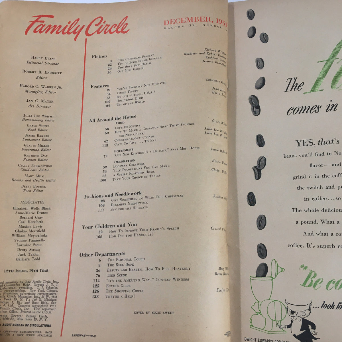 Interior page of VTG Family Circle Magazine December 1951 showcasing the contents including a recipe for Cinnamon-Fruit Twist, reflecting mid-century culinary trends.